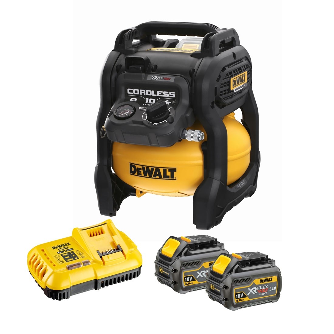 Aεροσυμπιεστής χωρίς λάδι 10lt.0,4hp, 9.3bar 54V XR 2x6.0Ah Brushless DEWALT