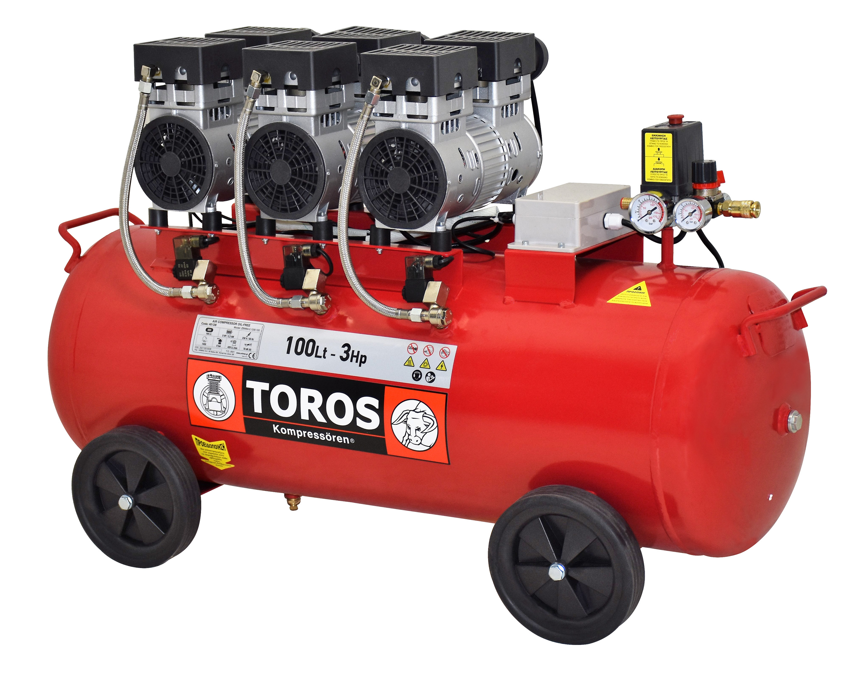 TOROS Αεροσυμπιεστής Monoblock 230V, Χαμηλού Θορύβου Oil Free 100lt, 3.0Hp