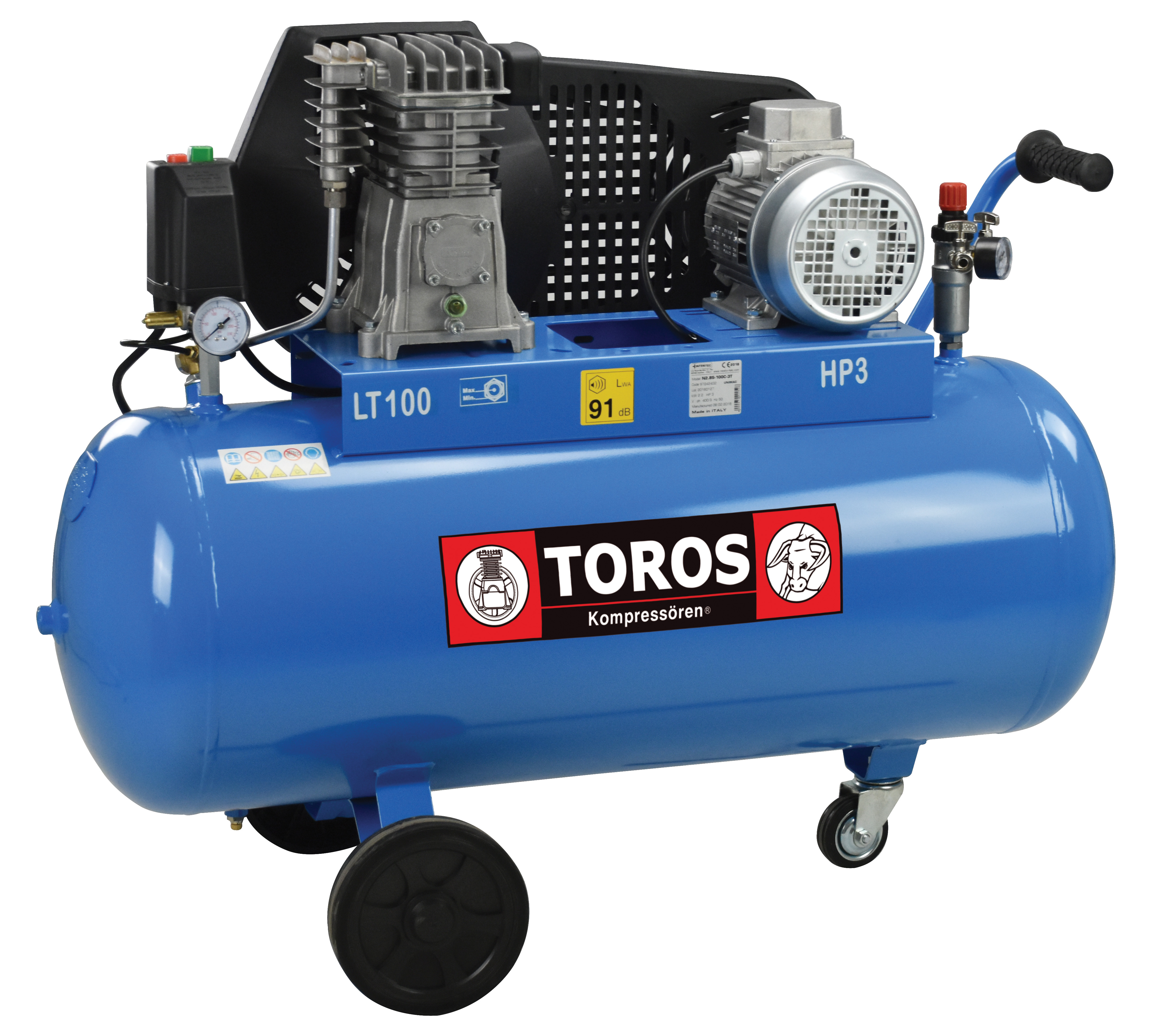 TOROS N2,8S-100C-3T Τριφασικός Τροχήλατος Αεροσυμπιεστης 100lt/3hp