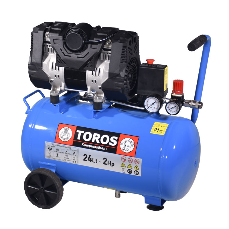 TOROS Αεροσυμπιεστής Oil Free, Χαμηλού θορύβου (Semi Silent) 24lt, 2Hp, 10Bar